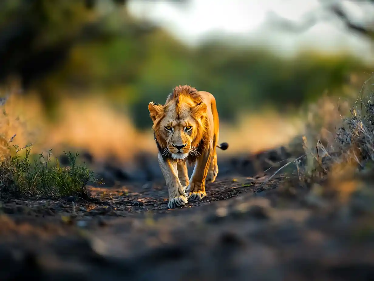 Lion sinistre traquant sa proie avec une concentration intense