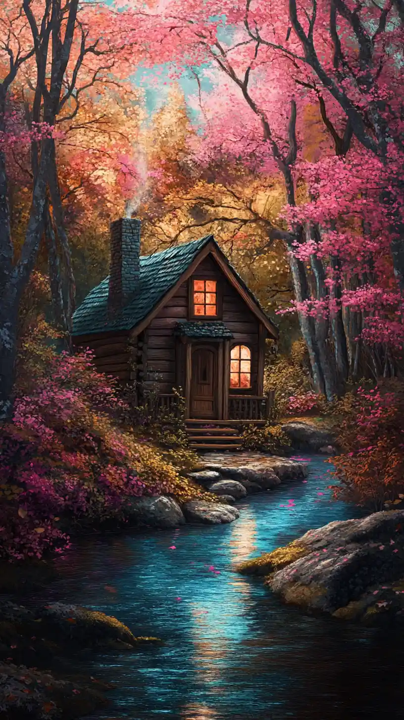 Cottage rustico accanto a un ruscello scintillante in una foresta incantata