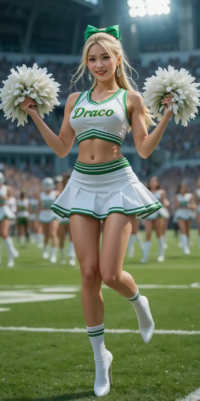 Blonde cheerleader jumping with pompoms on football field