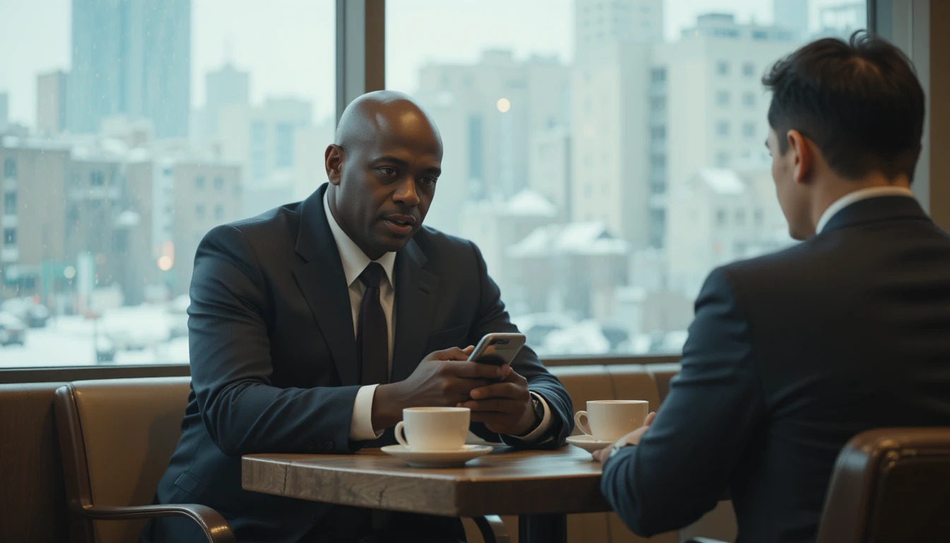 Dois empresários conversando tomando café em um café moderno