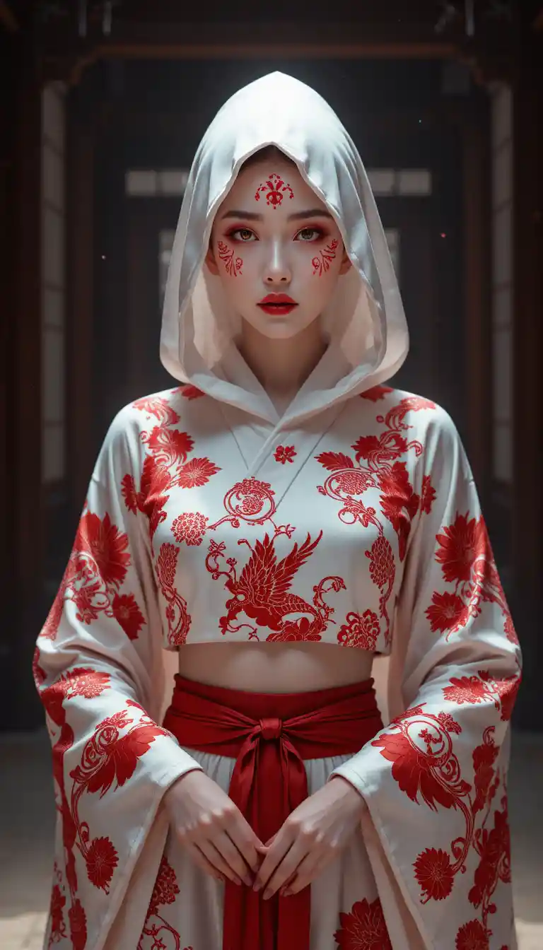 Geheimnisvolle Frau im rituellen Kimono aus roter und weißer Seide