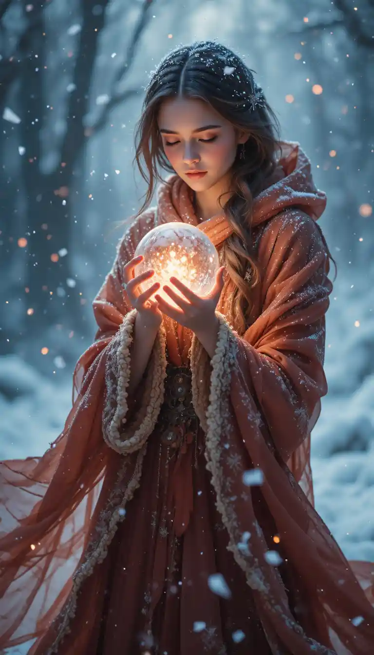 静かに降る雪の中で光る球を抱く女性