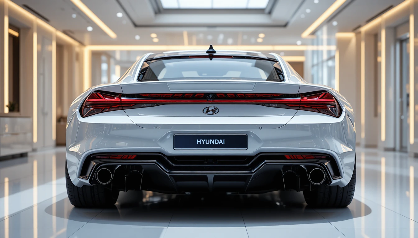 Vista traseira futurista de Hyundai branco em showroom de luxo