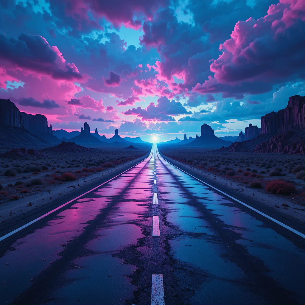 Autopista de neón que se desvanece en un horizonte alienígena surrealista