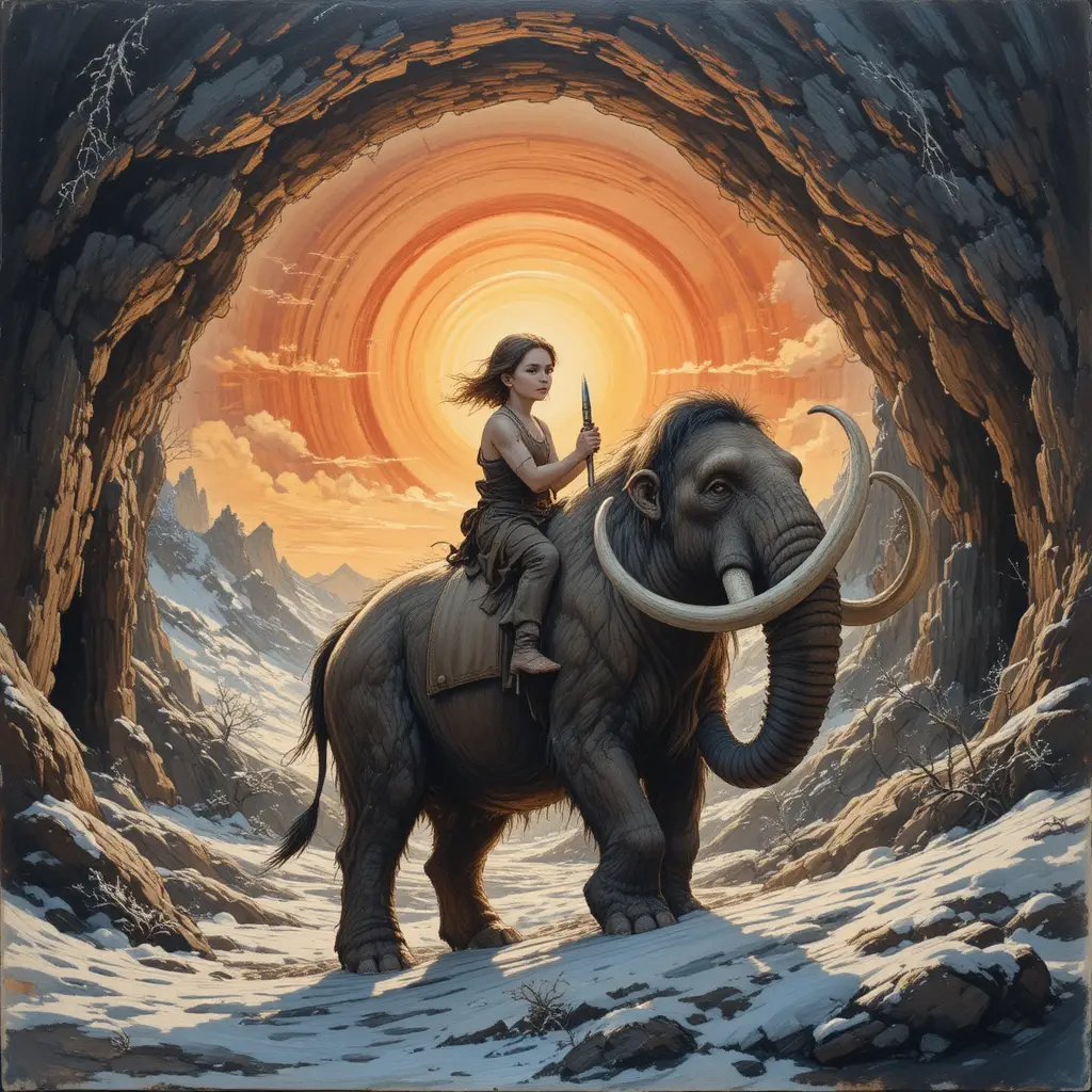 Höhlenkind reitet auf einem Wollmammut im verschneiten Sonnenuntergang