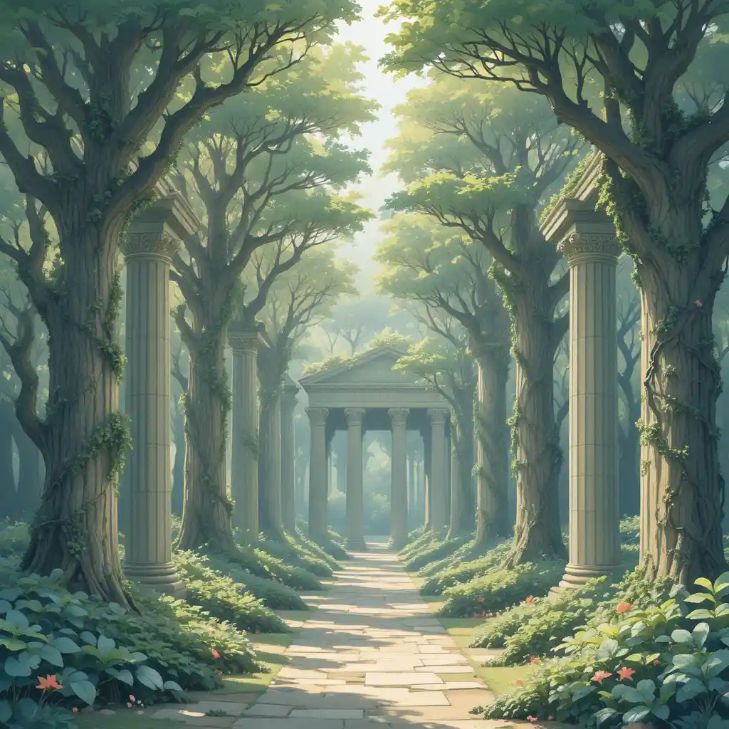 Enchanted Forest Of Marble Columns And Soft Forest Light