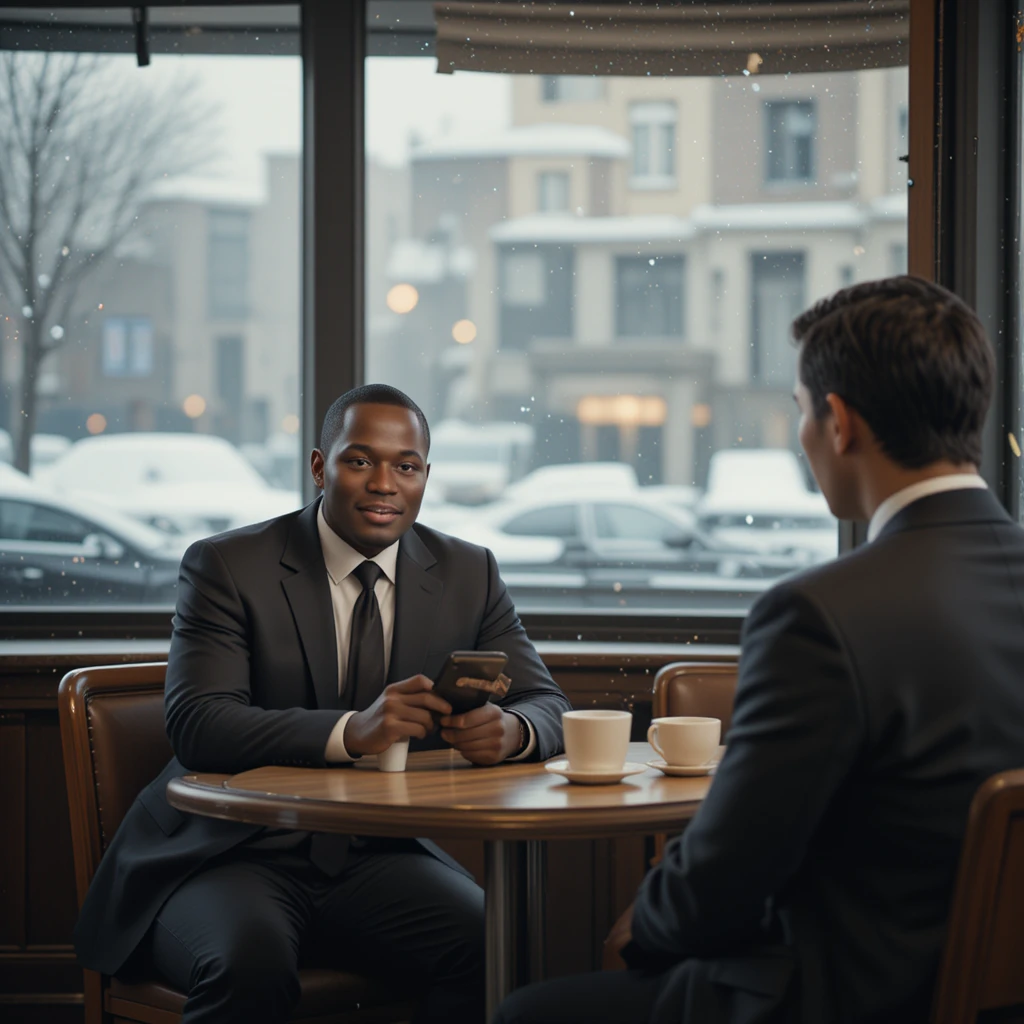 Dois empresários conversam tomando café em um café moderno