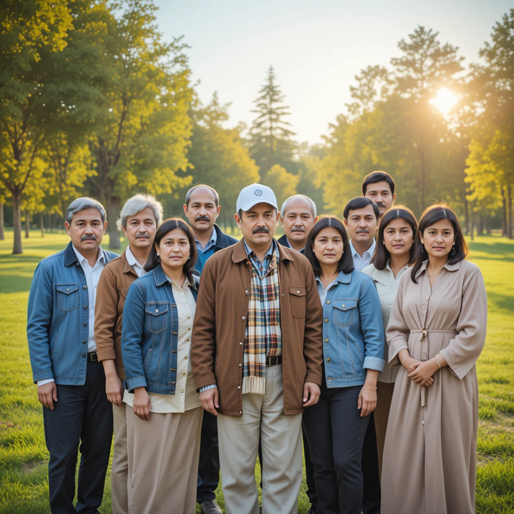 Gran retrato de familia de Oriente Medio en parque soleado