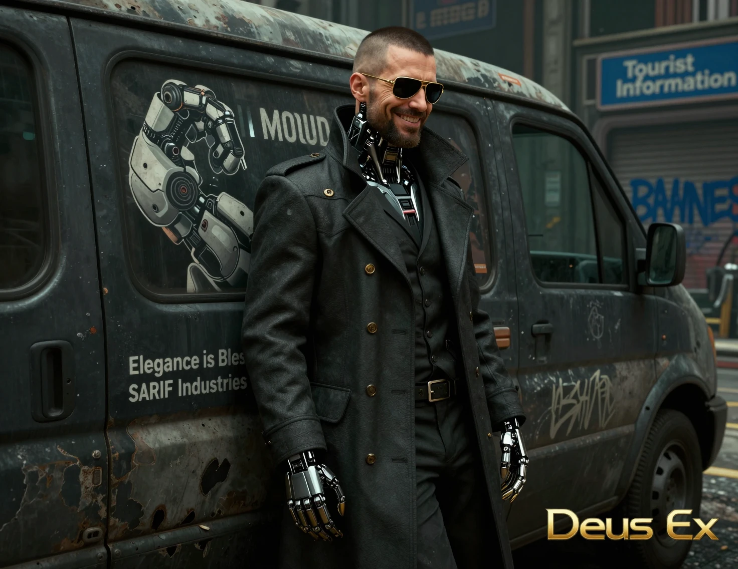 Detetive aumentado encostado em van em rua de cidade cyberpunk