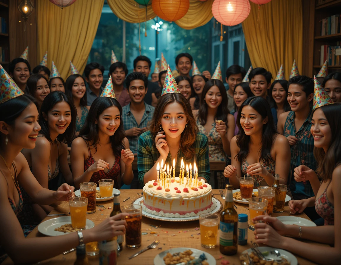 Amigos comemorando um aniversário enquanto a mulher assopra as velas do bolo