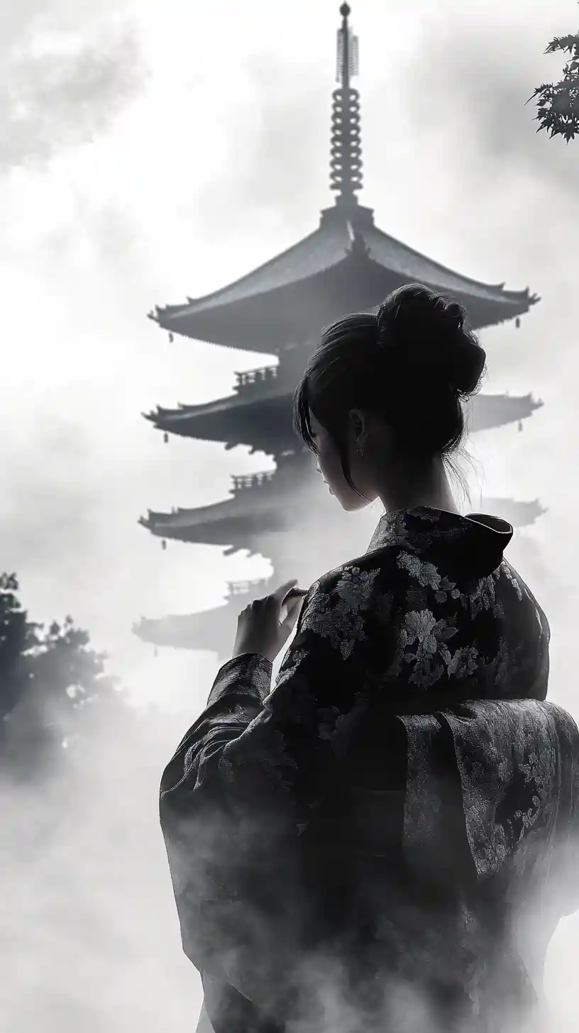Woman In Kimono Before Misty Pagoda In Monochrome Art