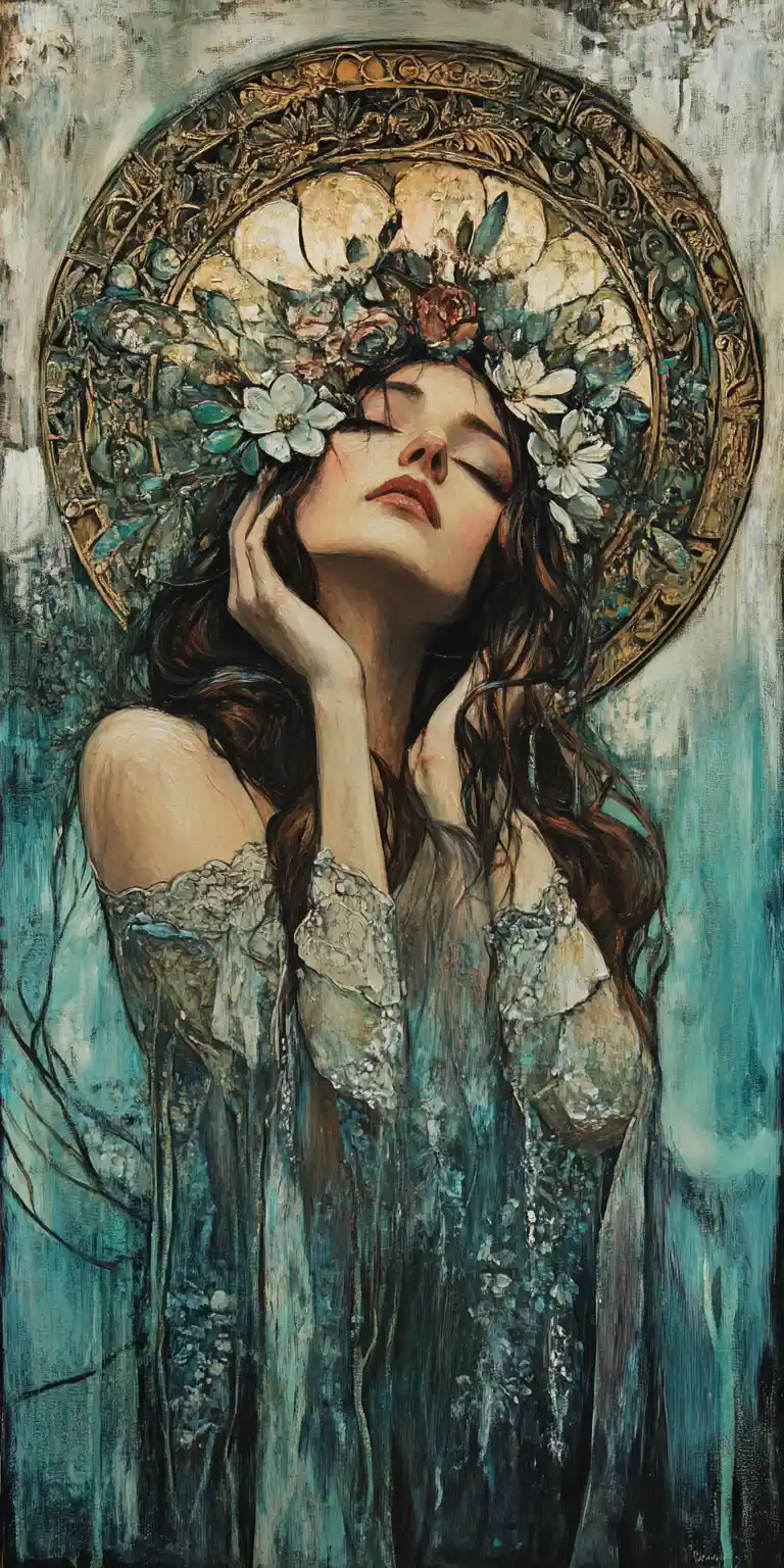Donna idealizzata in un’atmosfera di pittura a olio dai toni morbidi