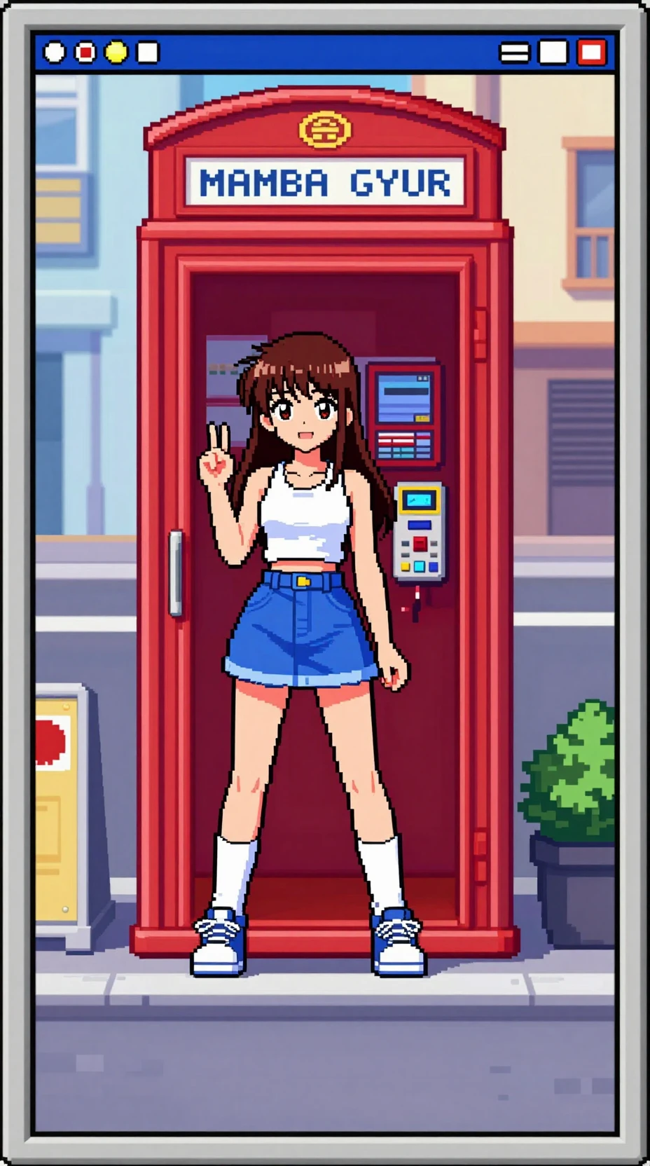Pixel art woman posing on a city street beside phone booth