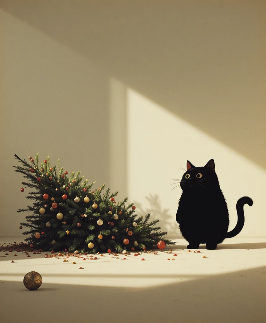 Minimalist scene of a toppled Christmas tree and shocked cat