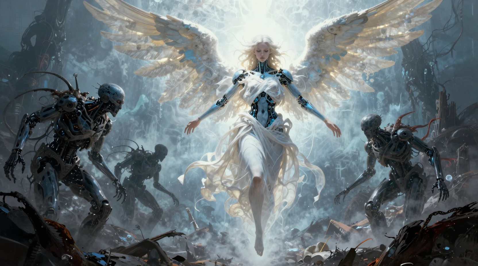Angelic cyborg descending over a ruined wasteland