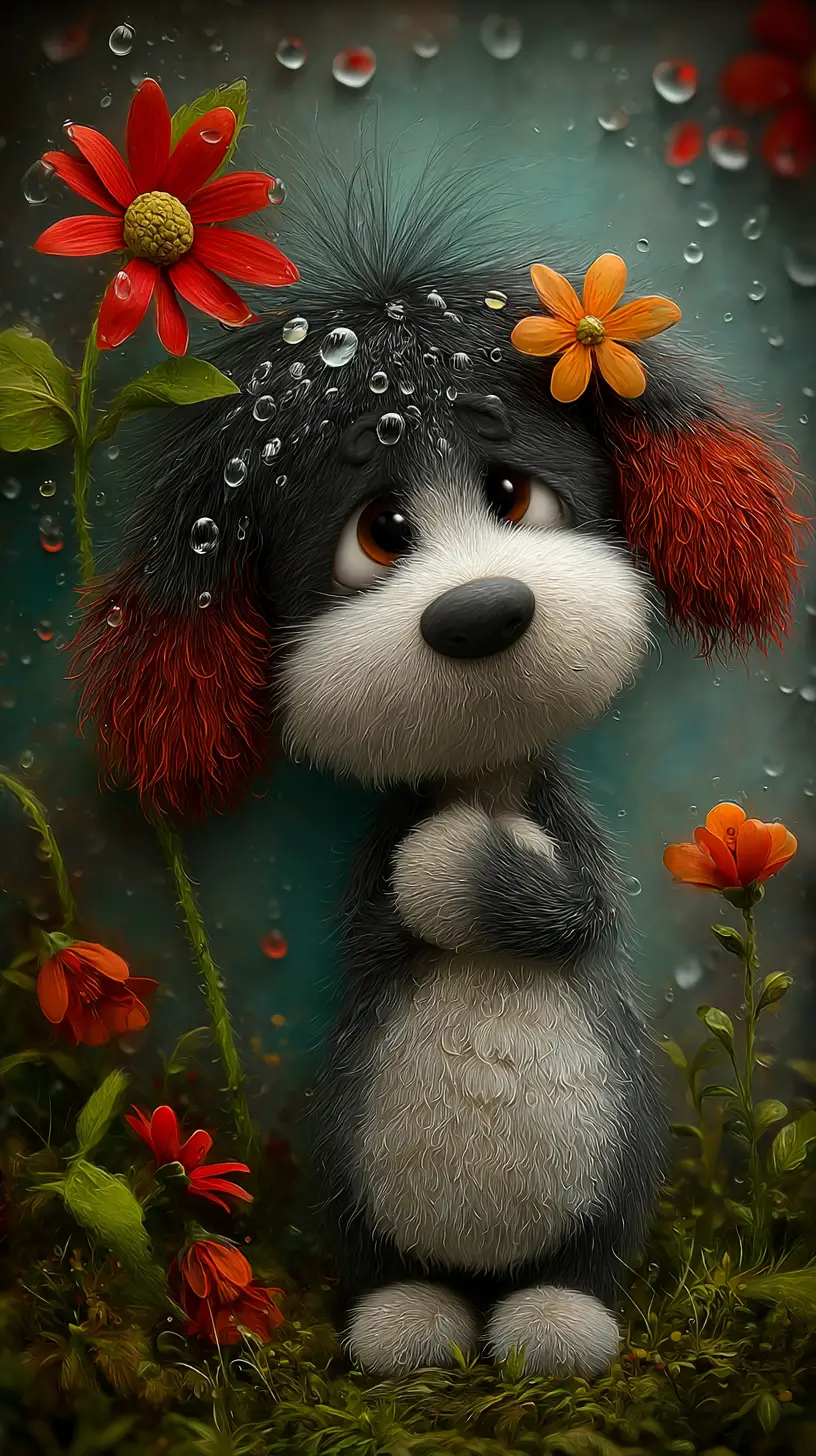 広い庭にひとりで座る悲しそうな子犬の絵画
