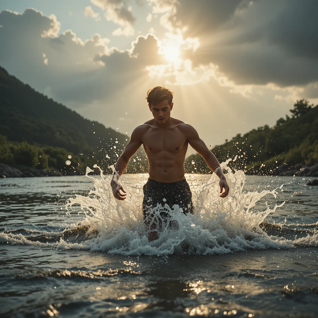 Jovem atravessando um rio na luz dourada dramática do pôr do sol