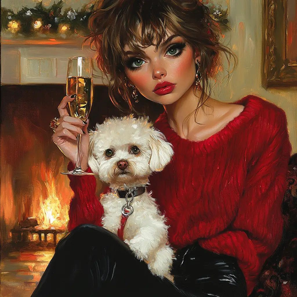 Woman with bichon dog celebrating christmas by fireplace