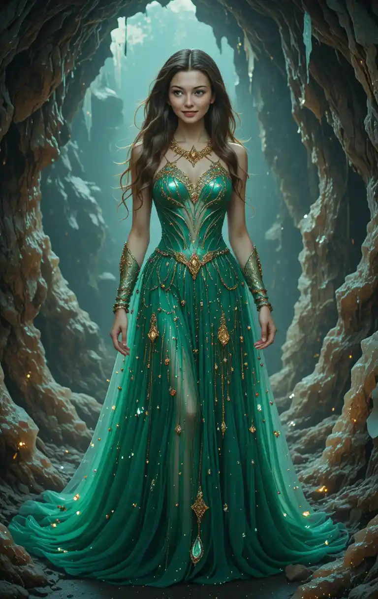 Mystical woman in emerald gown within crystal cave