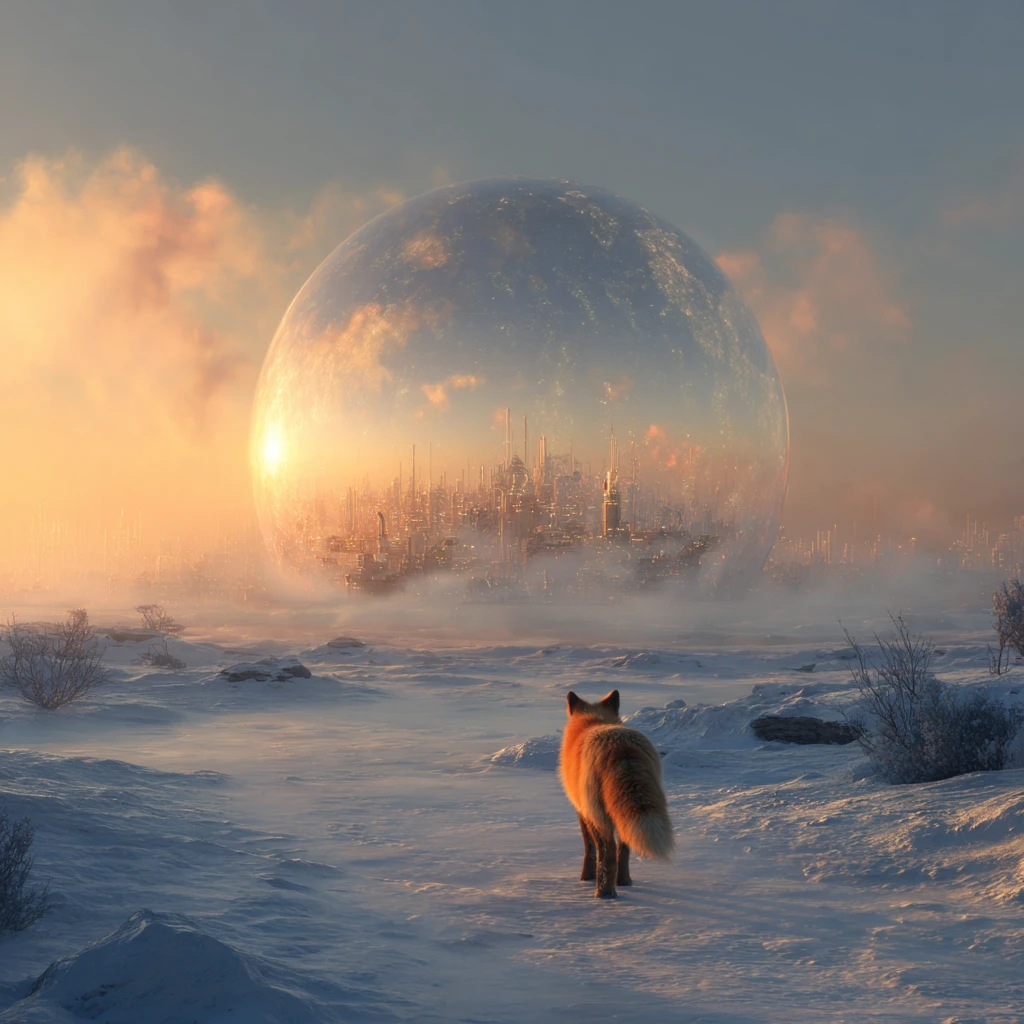 Cyberpunk-Automatenfuchs überquert eine verschneite futuristische Stadt