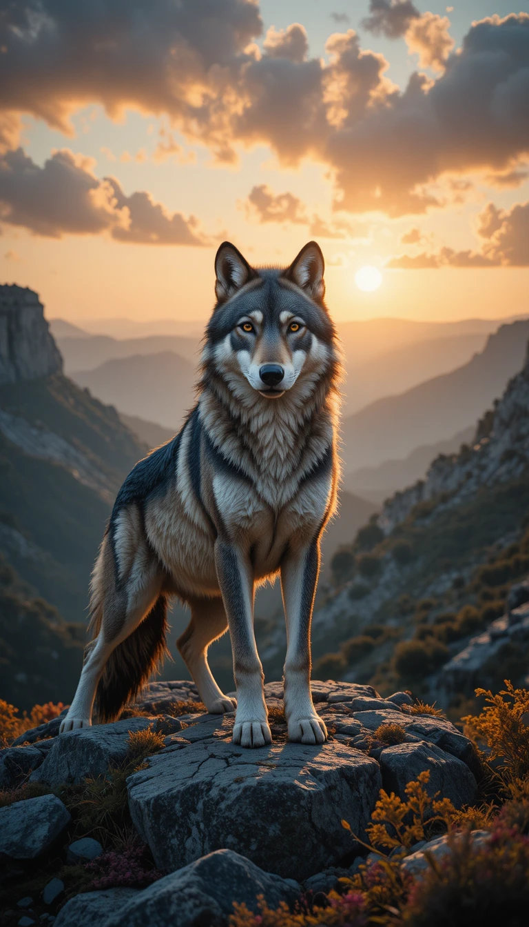 Lone wolf on rocky overlook at peaceful dawn valley