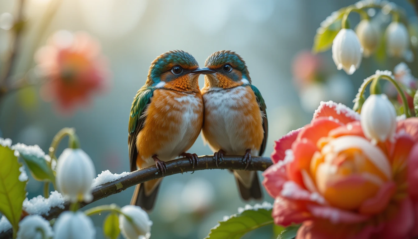 Oiseaux tendres se reposant sur une branche dans une forêt enneigée