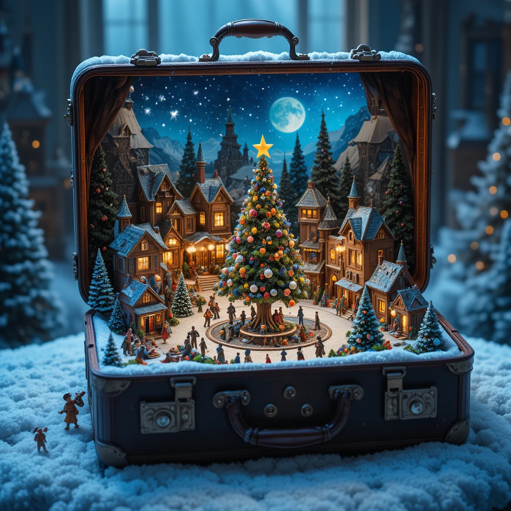 Valise ouverte révélant un minuscule village de Noël fantastique