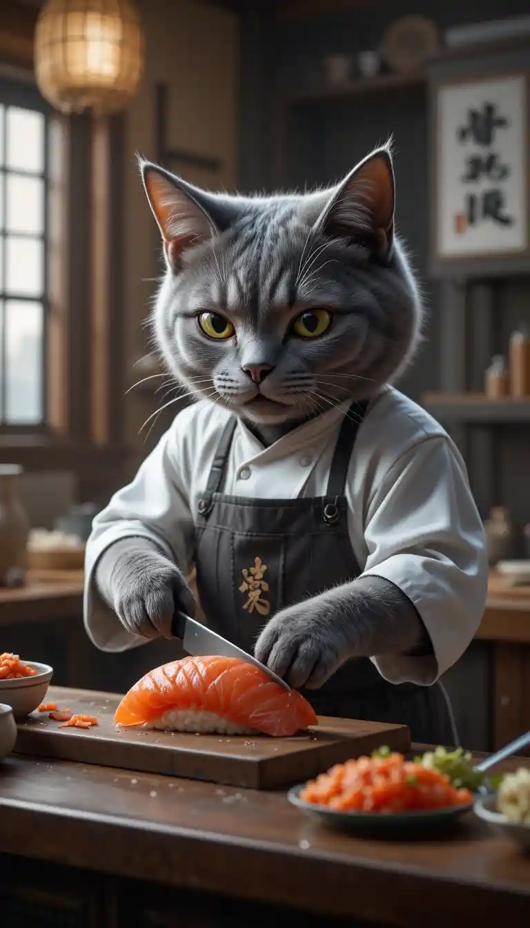Anime gray cat sushi chef in traditional Japanese kitchen