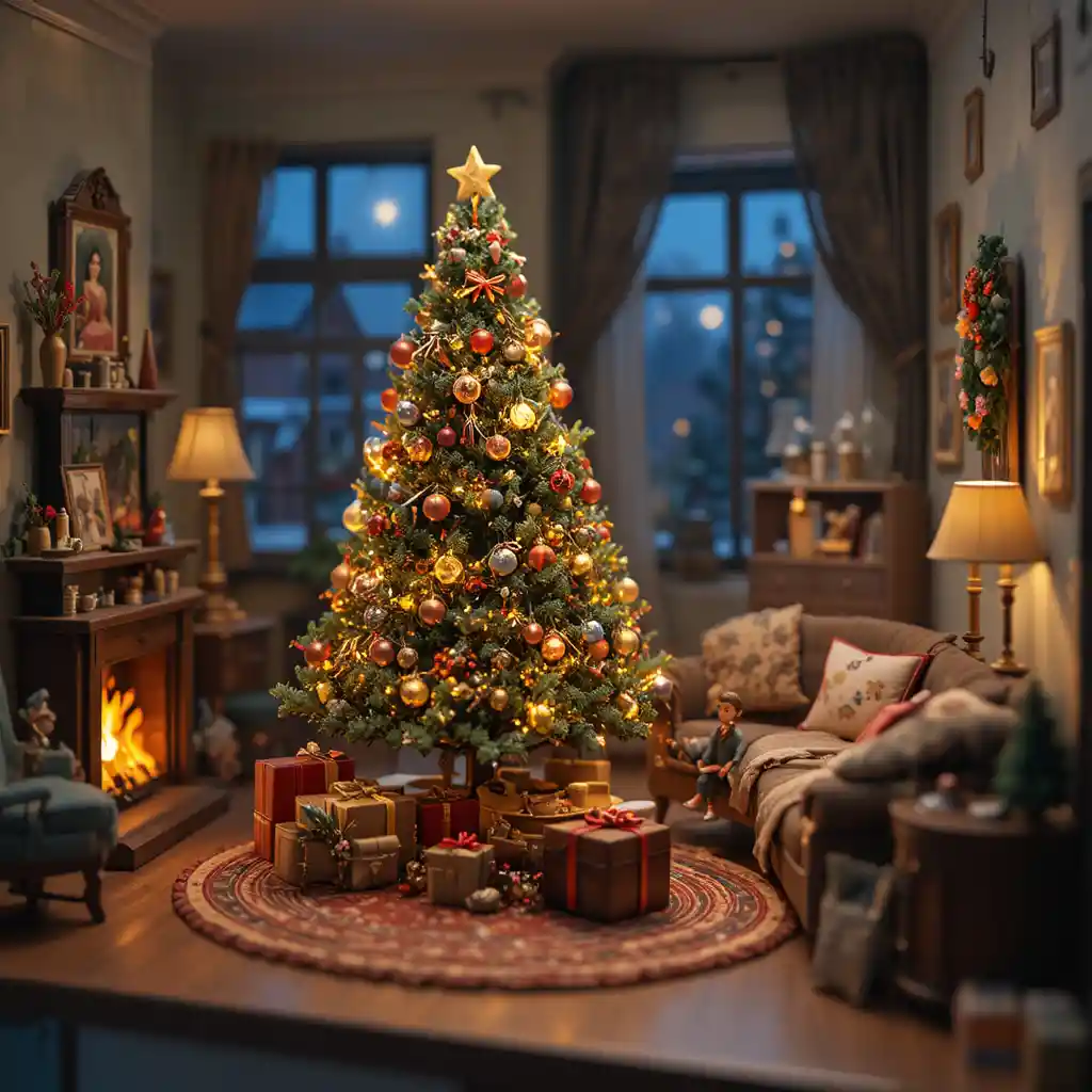 Diorama miniature de salon de Noël avec enfants et cadeaux
