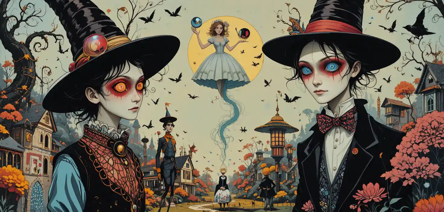 Animales de fantasía llenos de encanto en una colorida escena gráfica retro