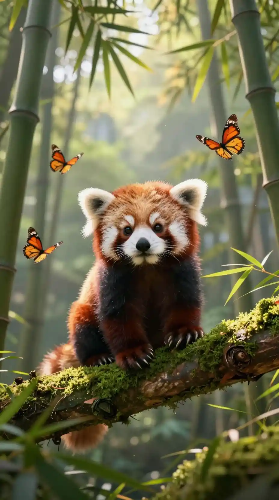 Filhote de panda-vermelho em galho coberto de musgo na floresta de bambu