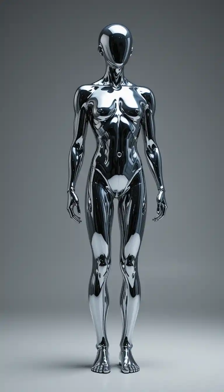 Liquid mercury humanoid figure in a dark minimal space