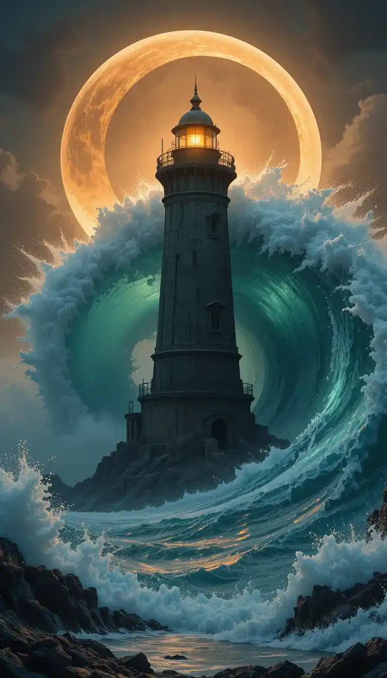 Faro Frente a una Ola Colosal Bajo una Luna Creciente