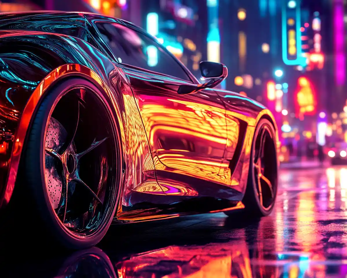 Auto di lusso in una strada cittadina illuminata al neon di notte