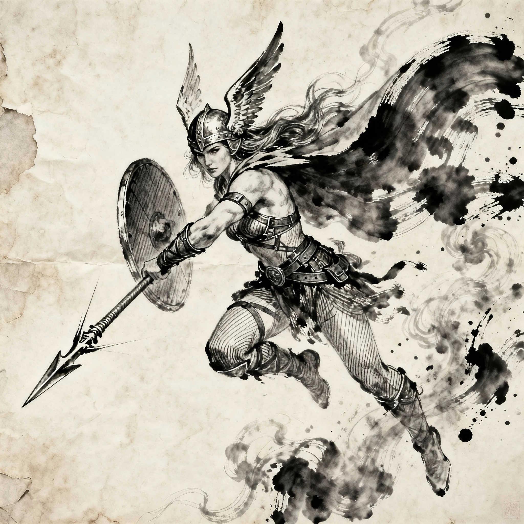 北歐女武神空中持矛與盾發動攻擊