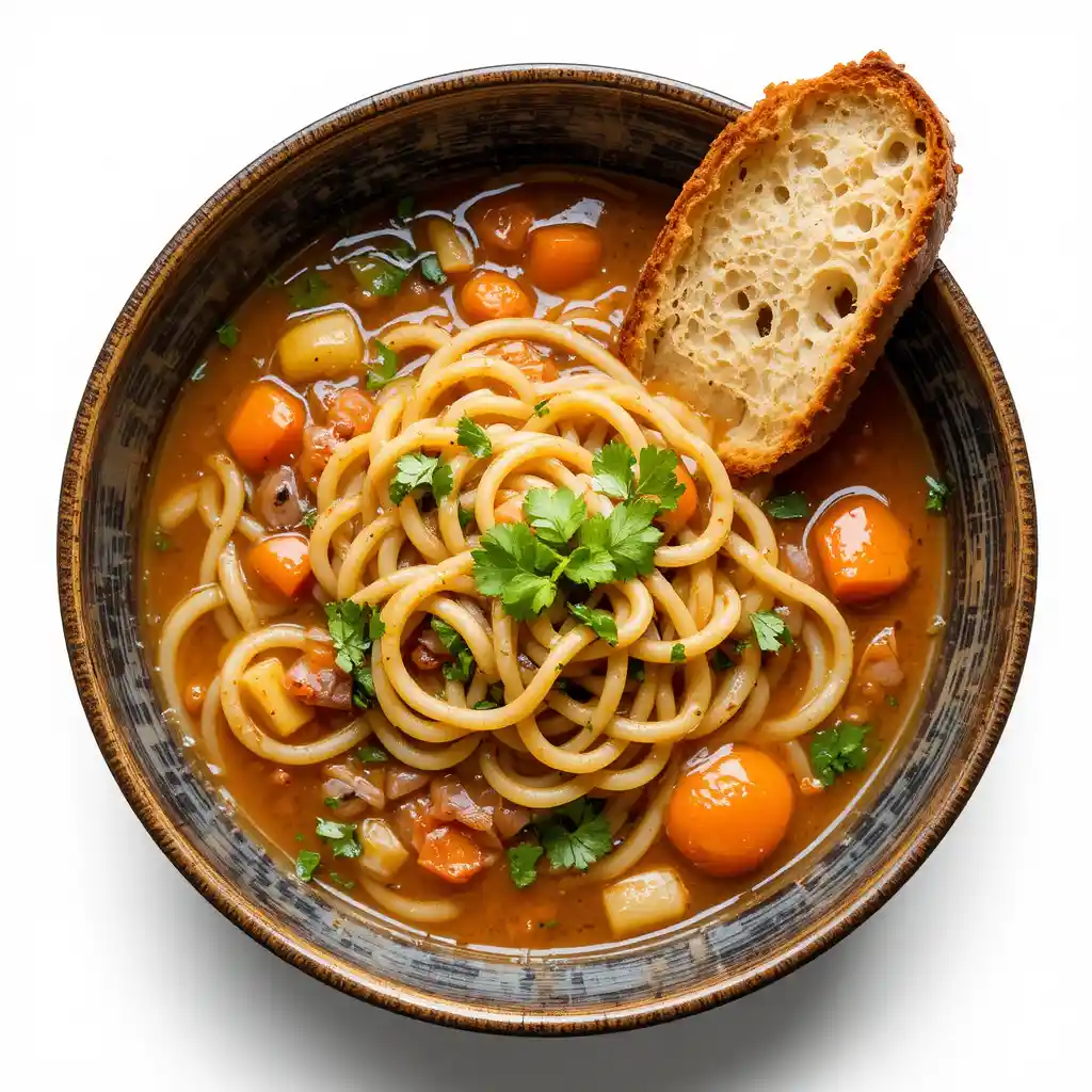 Bowl of Iranian noodle soup with bread and fresh vegetables