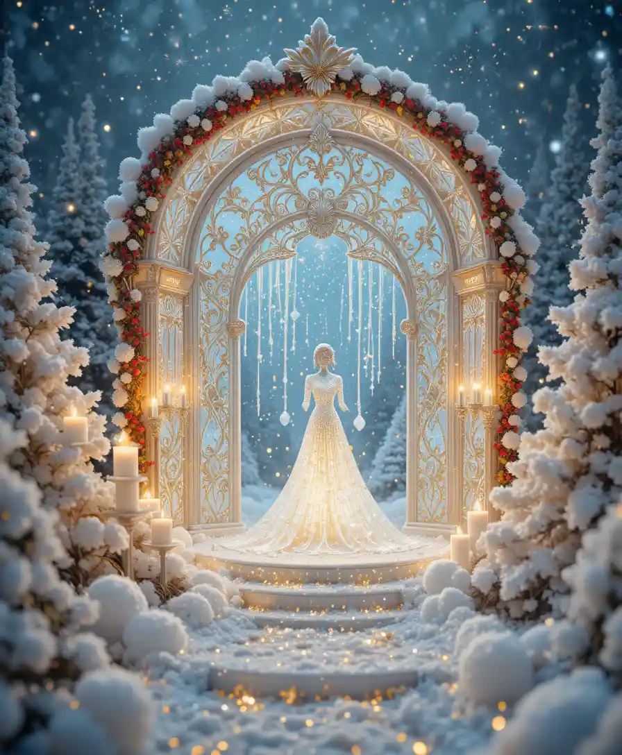 Close up candlestick in white winter holiday decor