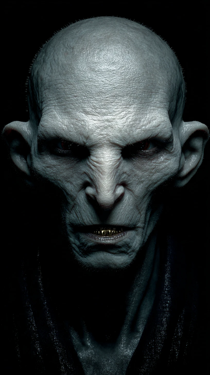 Criatura humanoide sinistra em retrato de látex preto brilhante