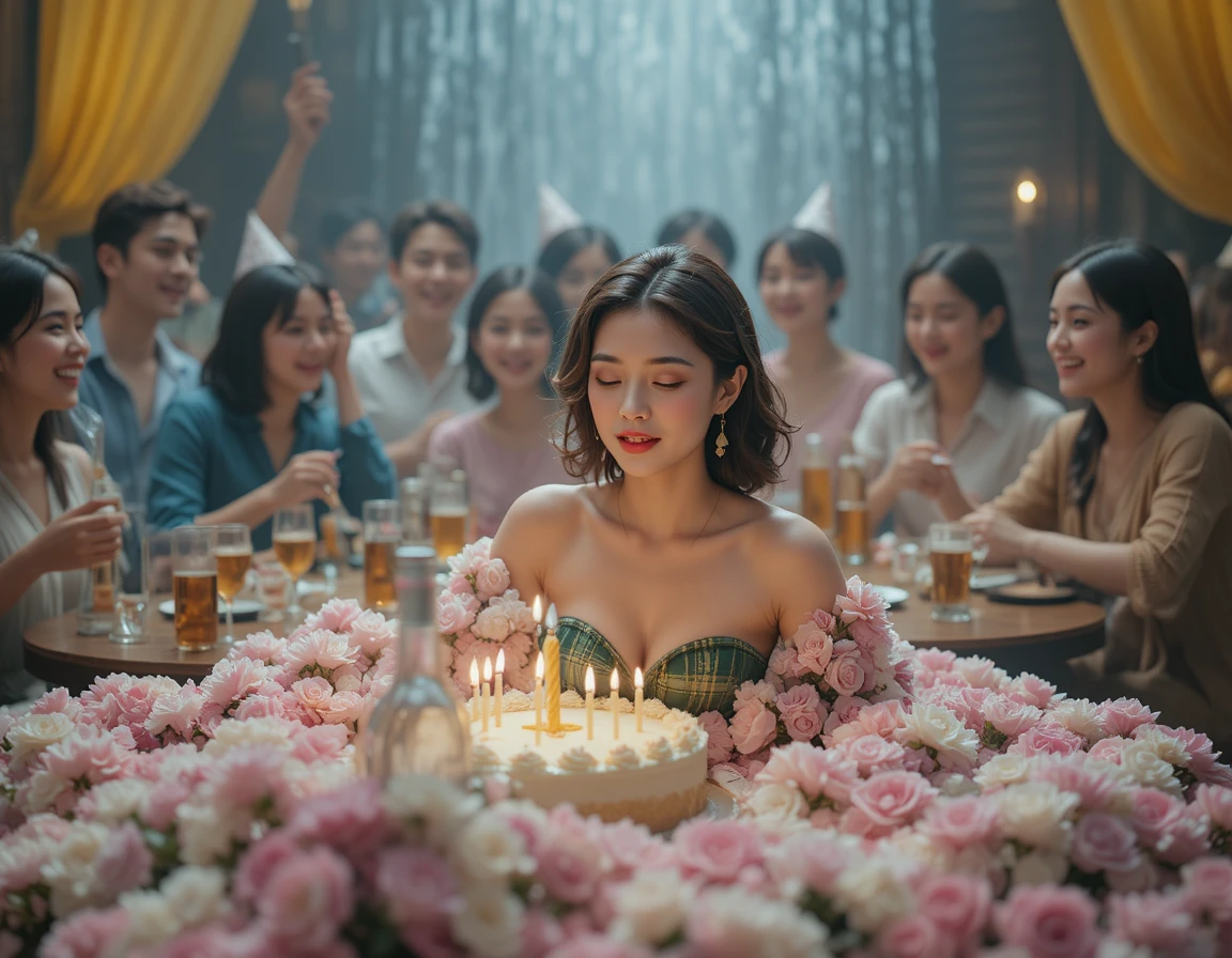 Femme soufflant ses bougies d’anniversaire lors d’une fête joyeuse