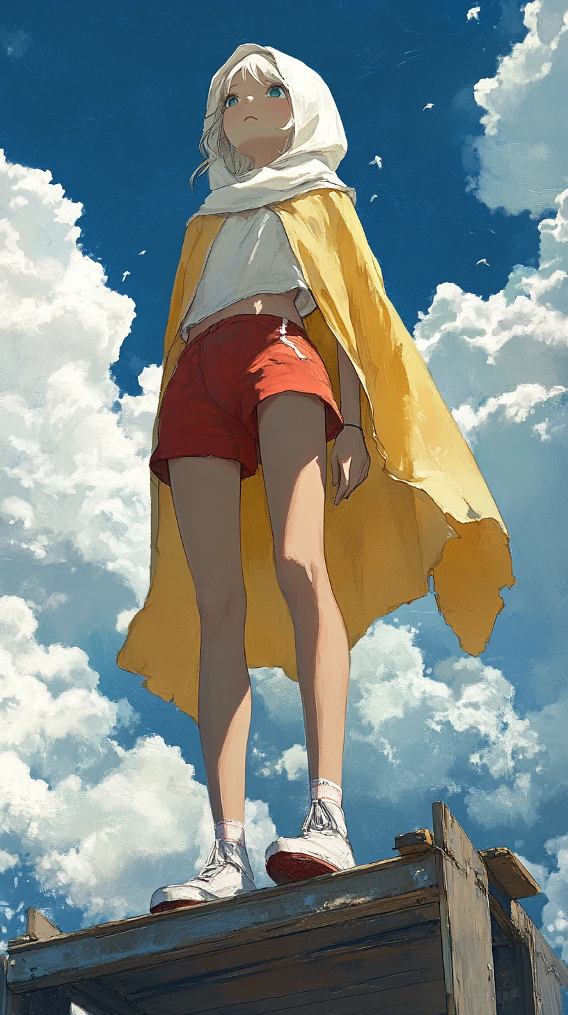 Anime girl standing on wooden crate under bright blue sky