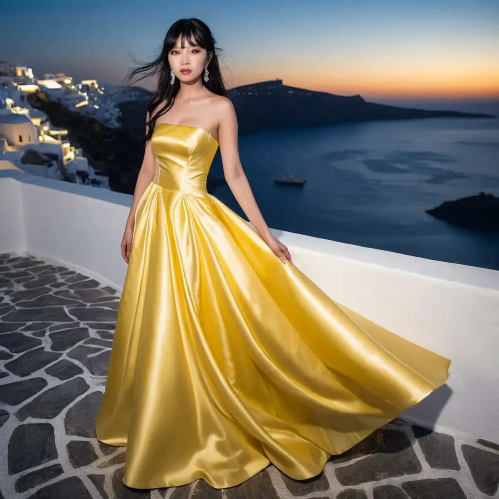 Jovem elegante com vestido de cetim amarelo à noite