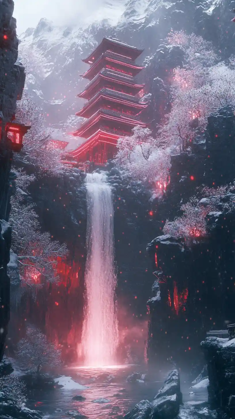Palazzo giapponese tra cascate innevate e alberi in fiore
