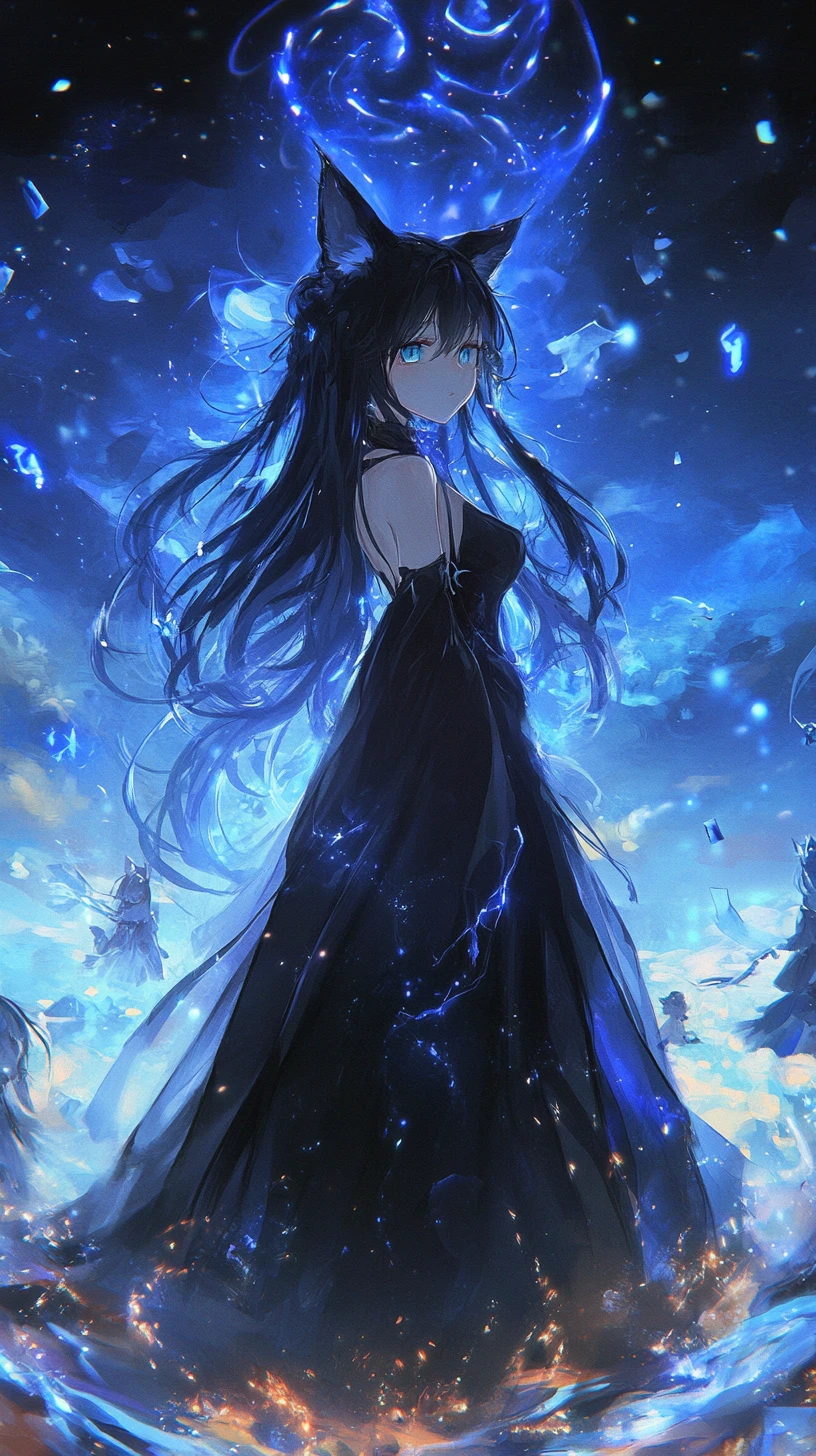 Elegante ragazza anime con orecchie da gatto sotto un cielo blu scuro