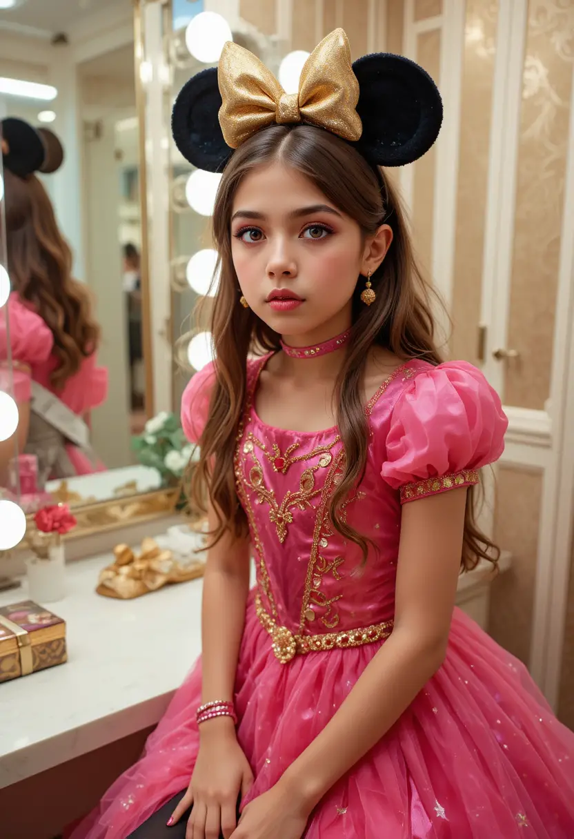 Tween boy in pink Christmas princess dress with makeup
