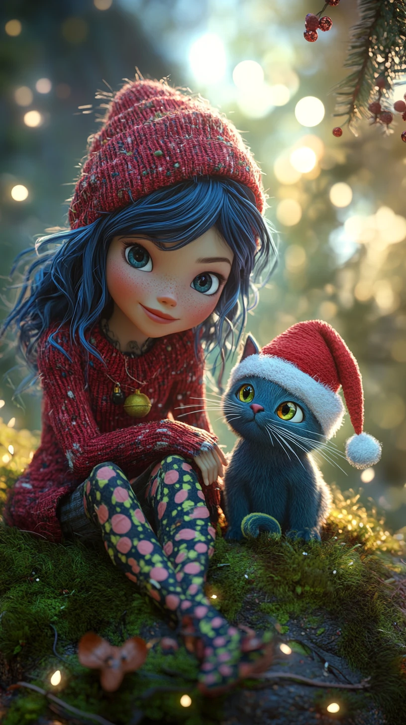 Mystical woman with blue hair resting on a green hill