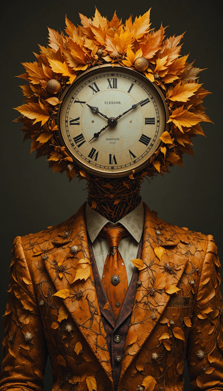 Surrealistisches Porträt einer Uhrkopf-Figur im Blätteranzug