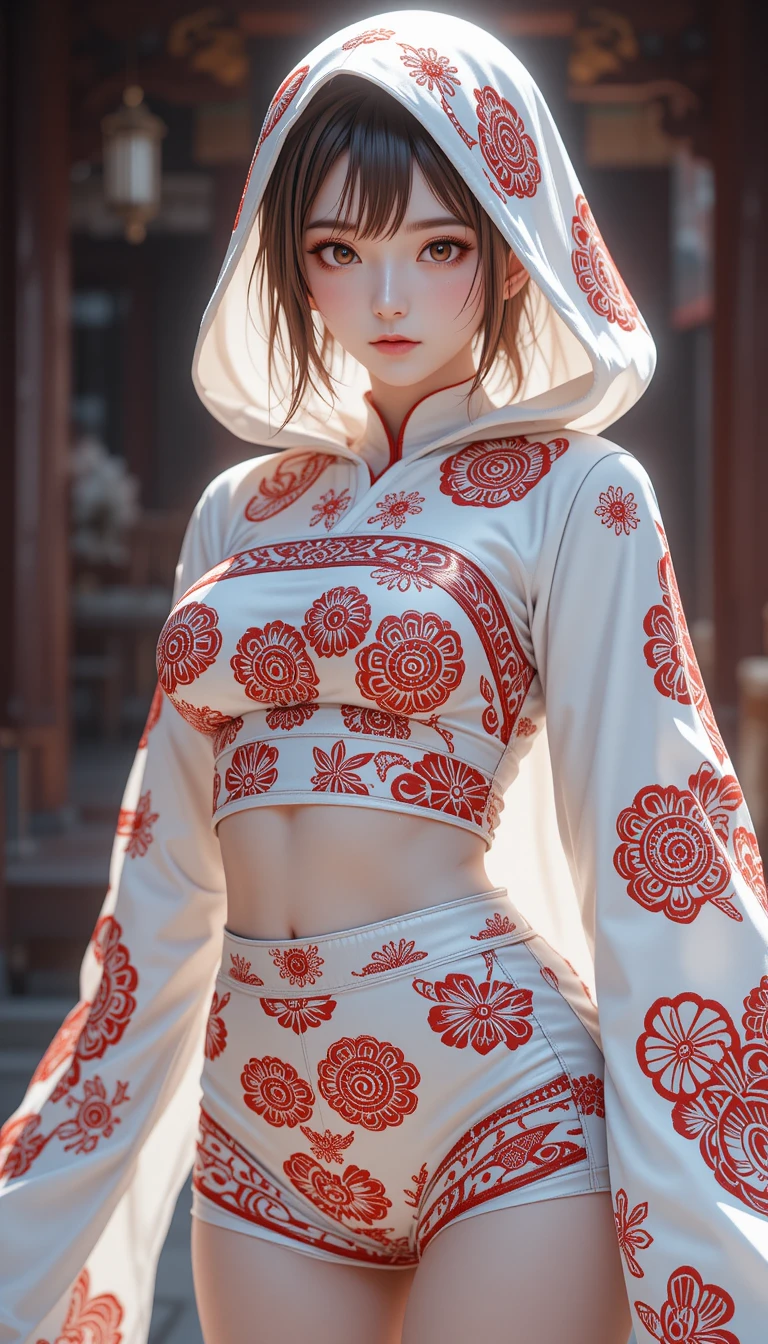 Femme d’anime avec capuche en soie à motifs dans un temple sombre