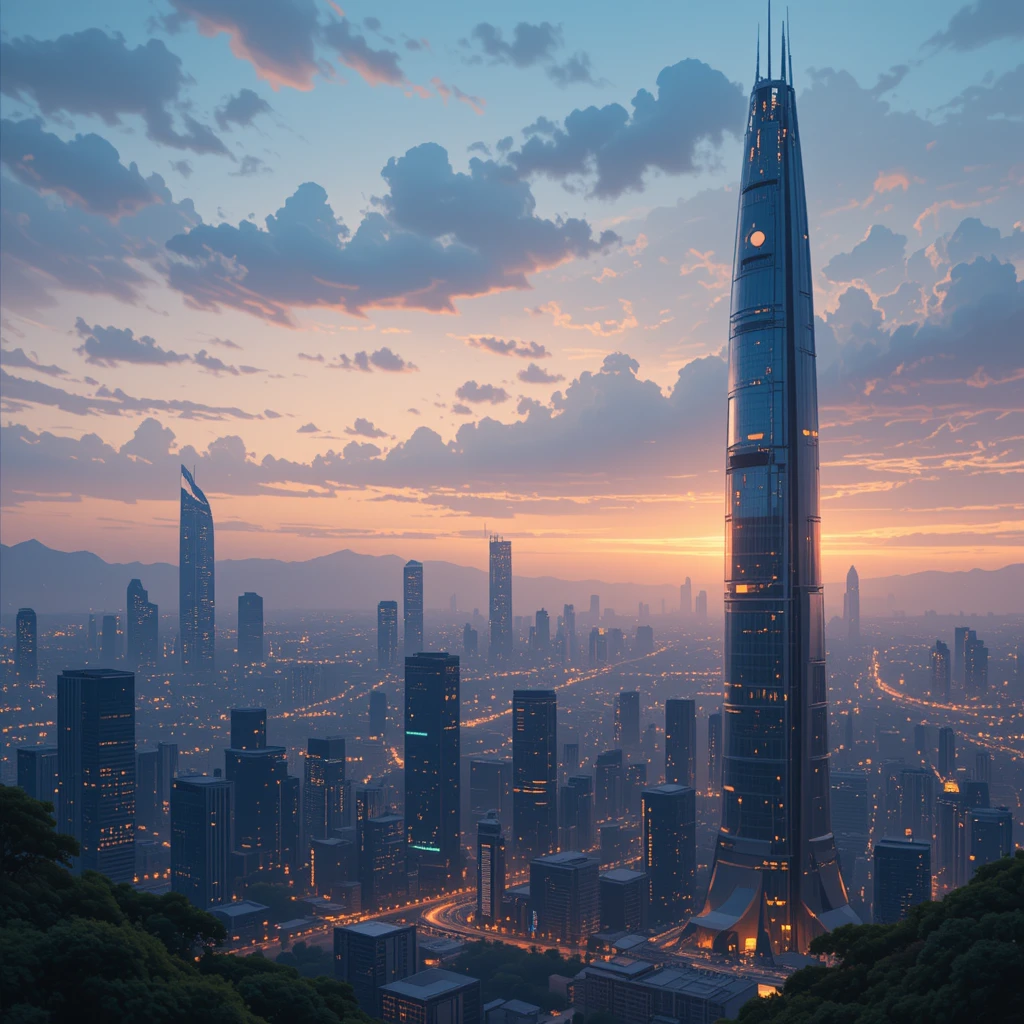 Grattacielo futuristico con vista su una città illuminata dal tramonto