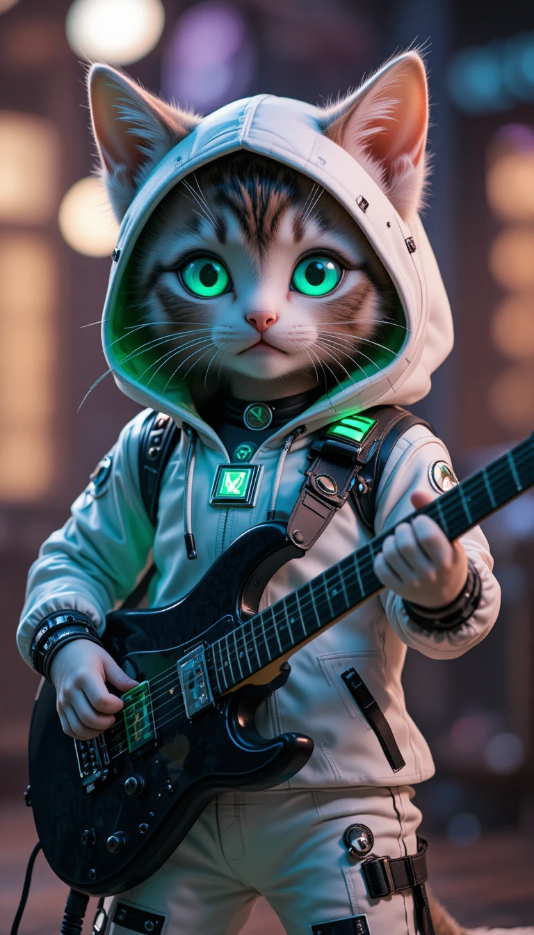 Adorável gatinho tigrado em estilo anime com techwear tocando guitarra elétrica