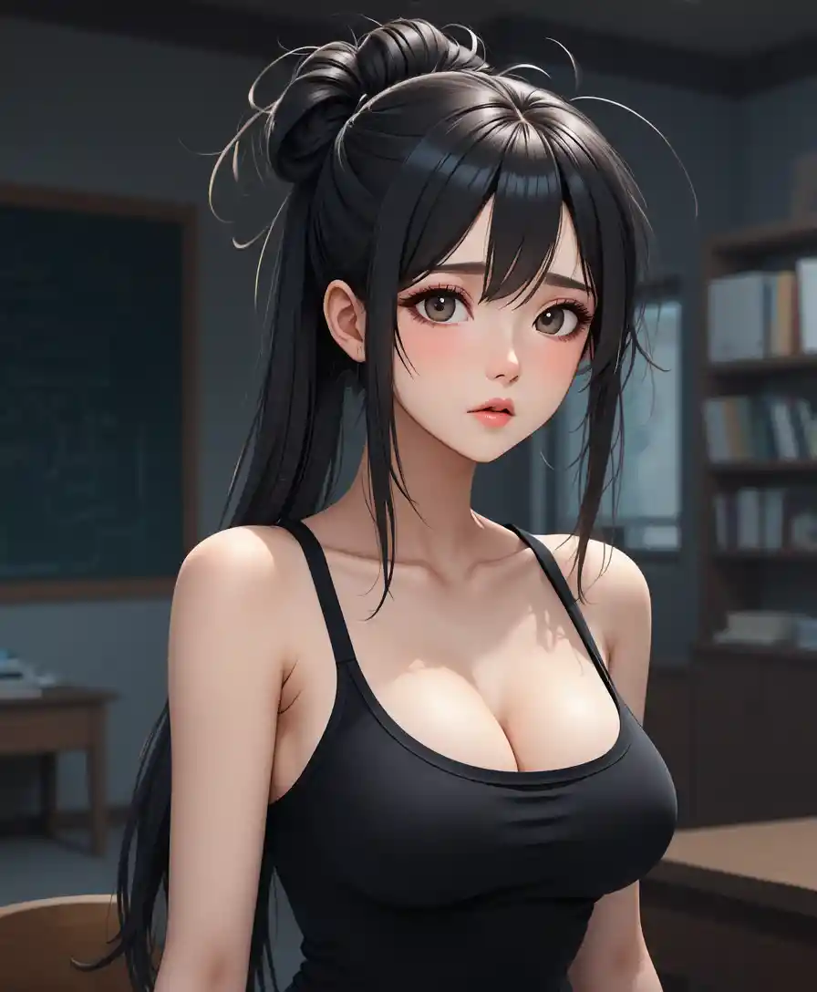 Worried anime girl in a dim classroom interior